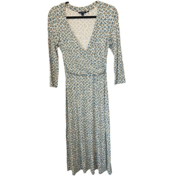 Boden Fixed Wrap Jersey Printed 3/4 Sleeves Midi Dress Size 10 R Blue Yellow Dot - Picture 1 of 14